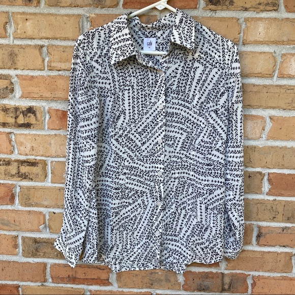 CAbi Black White Abstract Pattern Split-Back Button Up Blouse Size XS - Picture 2 of 9
